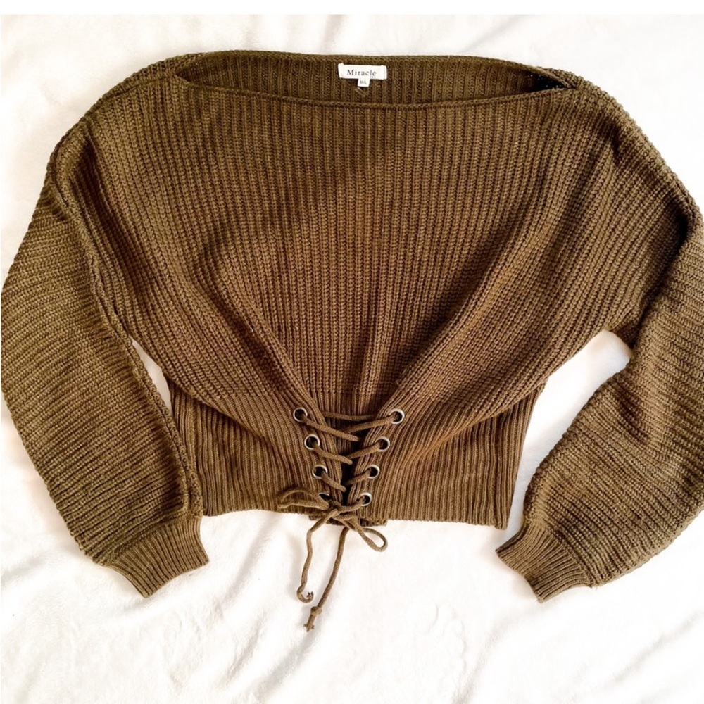 Miracle Olive Green/Brown Cropped Sweater with tie front
